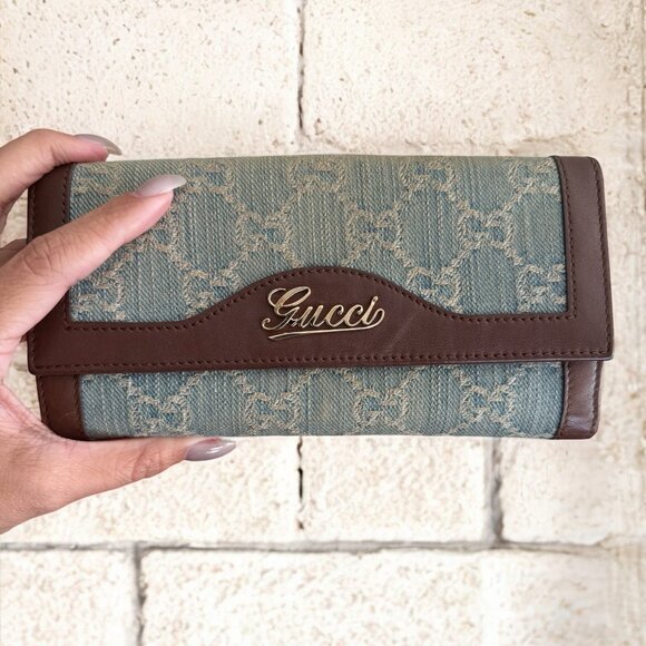 Authentic Gucci Denim GG Monogram Continental Wallet | Brown Leather - Picture 1 of 7